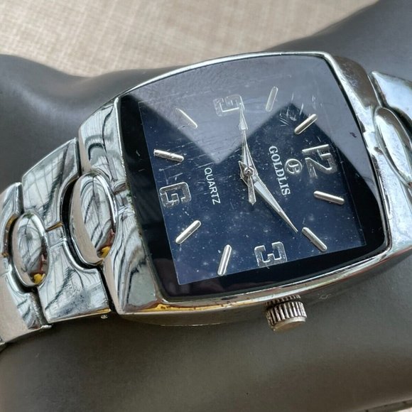 Goldis Men Wrist Watch Silver Tone Analog Quartz Black Face Watch - Picture 4 of 14